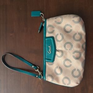 Coach signature tan and green wristlet